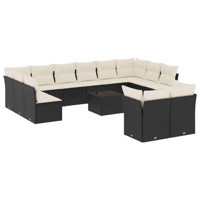 Set mobilier de grădină cu perne, 13 piese, negru, poliratan