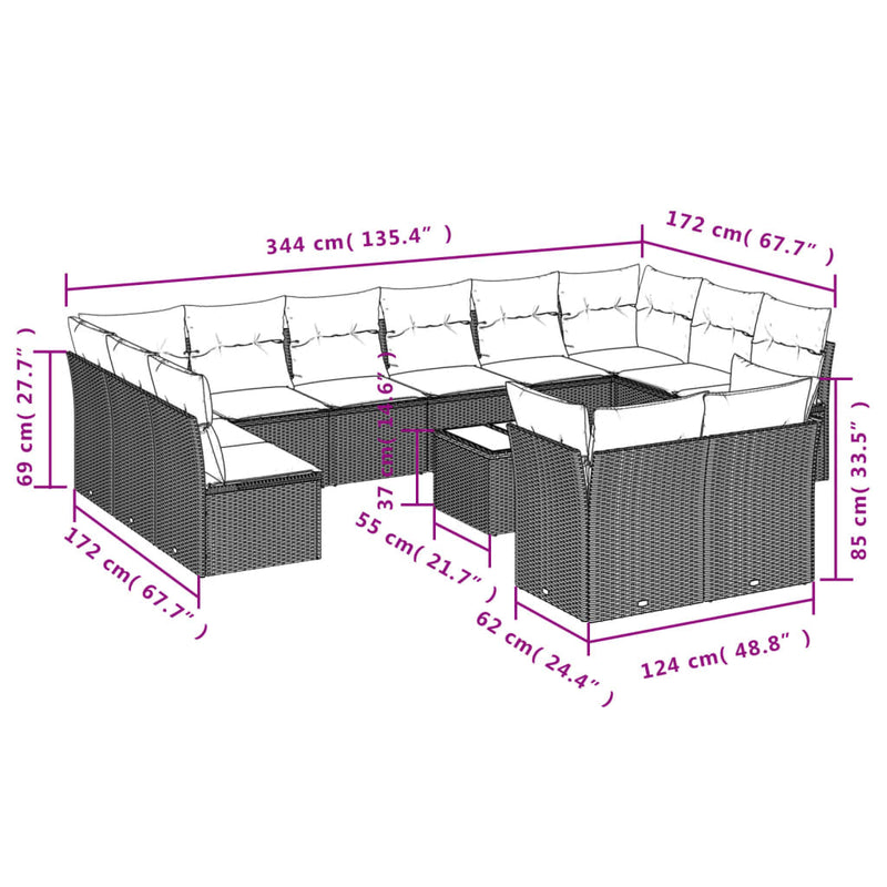 Set mobilier de grădină cu perne, 13 piese, negru, poliratan