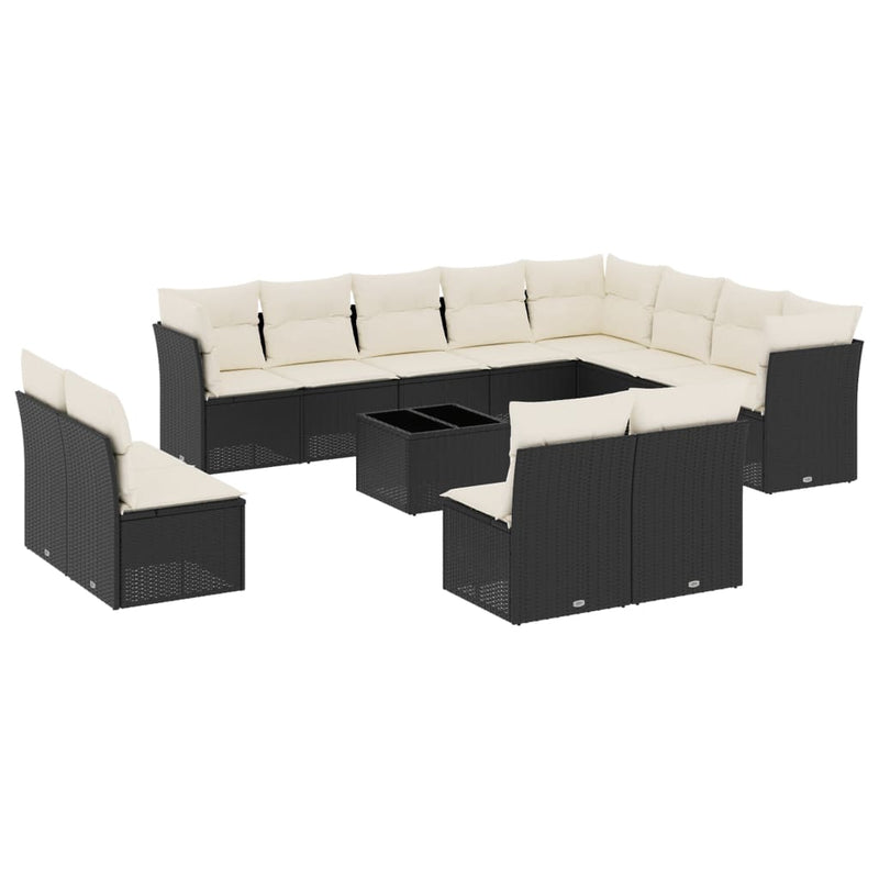 Set mobilier de grădină cu perne, 13 piese, negru, poliratan
