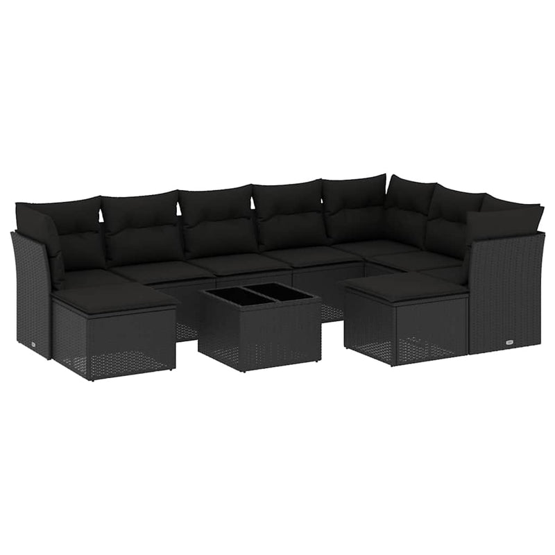 Set canapele de grădină cu perne, 10 piese, negru, poliratan