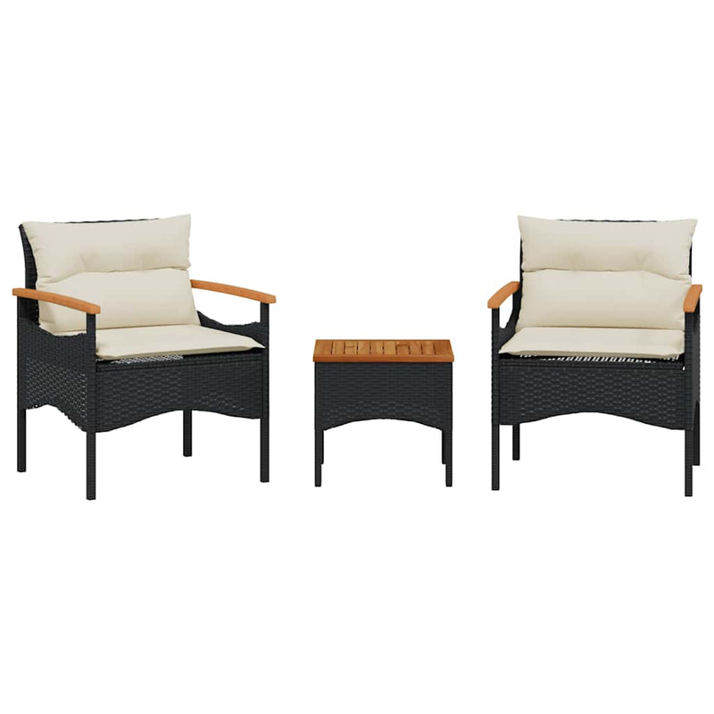 Set mobilier de grădină cu perne, 3 piese, negru, poliratan