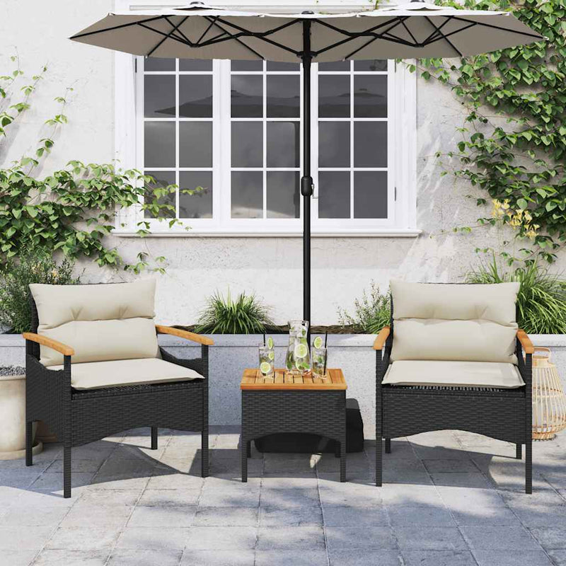 Set mobilier de grădină cu perne, 3 piese, negru, poliratan