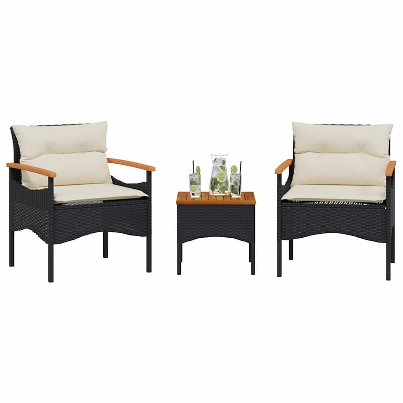 Set mobilier de grădină cu perne, 3 piese, negru, poliratan