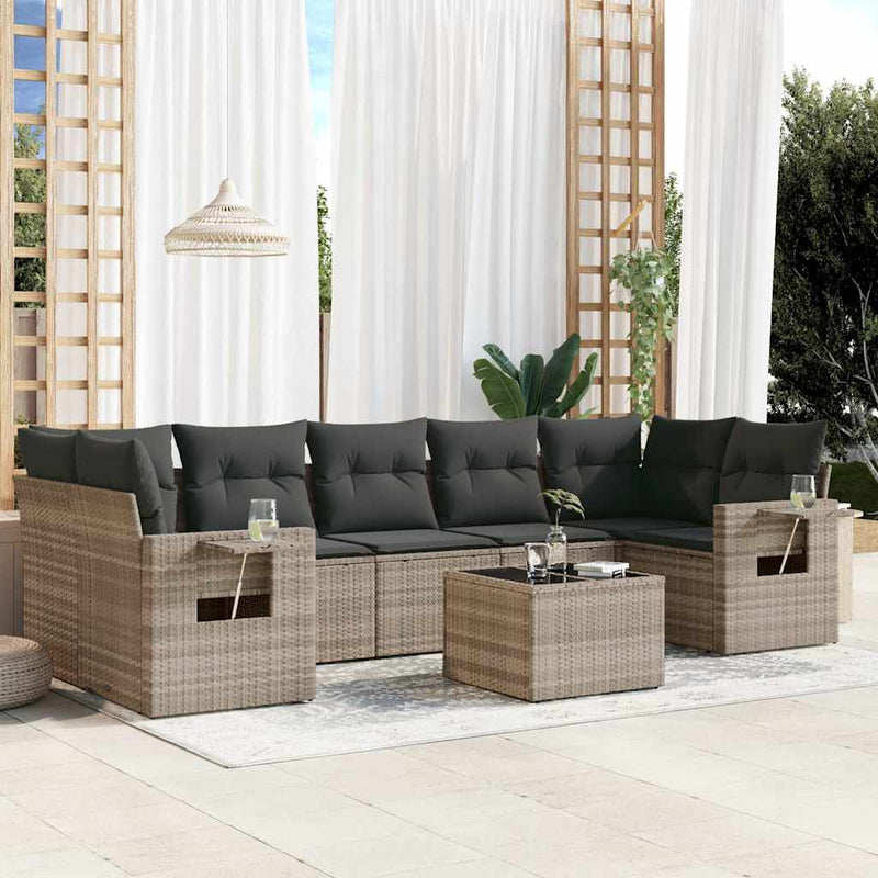 Set mobilier de grădină cu perne, 8 piese gri deschis poliratan