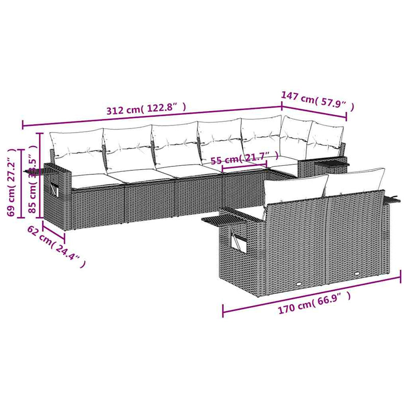 Set mobilier de grădină cu perne, 8 piese, negru, poliratan