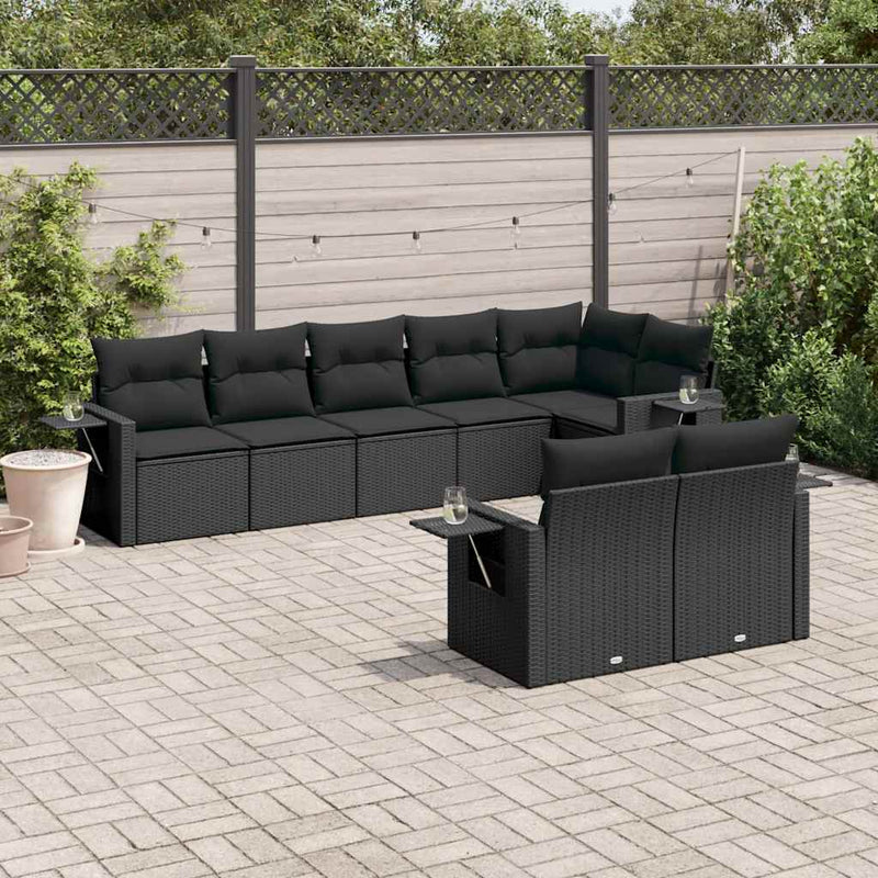 Set mobilier de grădină cu perne, 8 piese, negru, poliratan