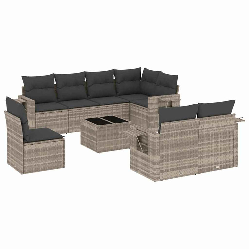 Set canapele de grădină cu perne, 9 piese gri deschis poliratan