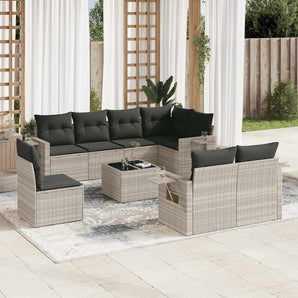 Set canapele de grădină cu perne, 9 piese gri deschis poliratan