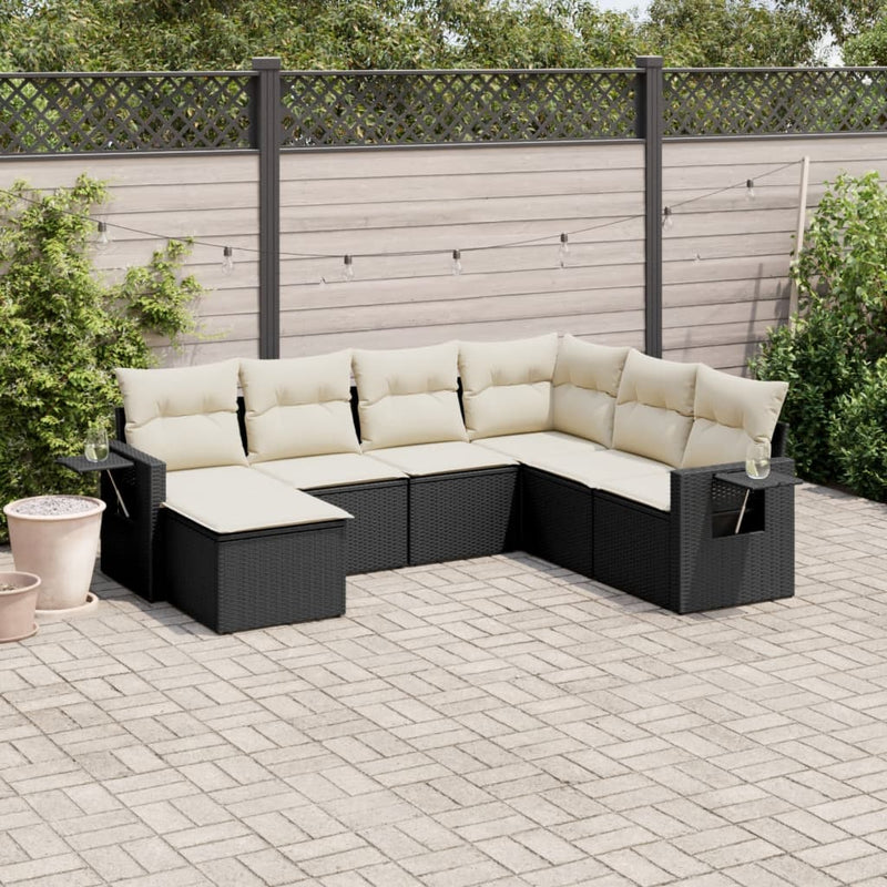 Set canapele de grădină cu perne, 7 piese, negru, poliratan