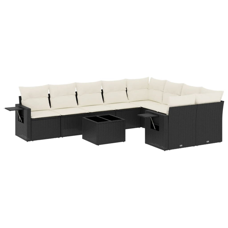 Set canapele de grădină cu perne, 10 piese, negru, poliratan