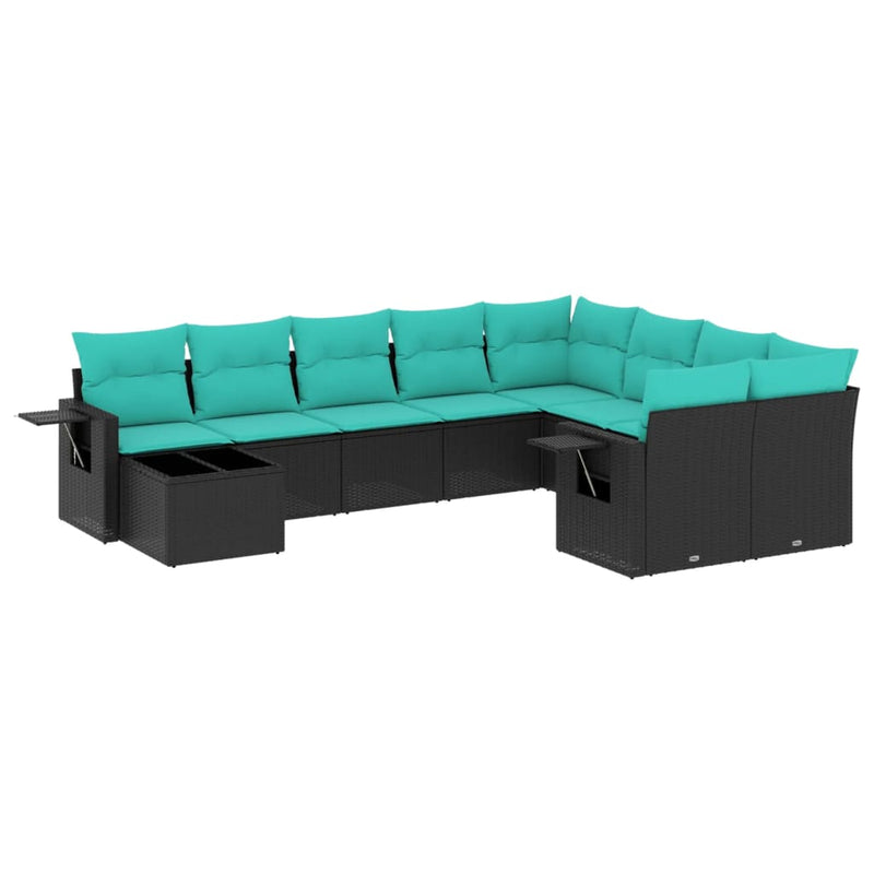 Set canapele de grădină cu 10 piese și perne, poliratan negru