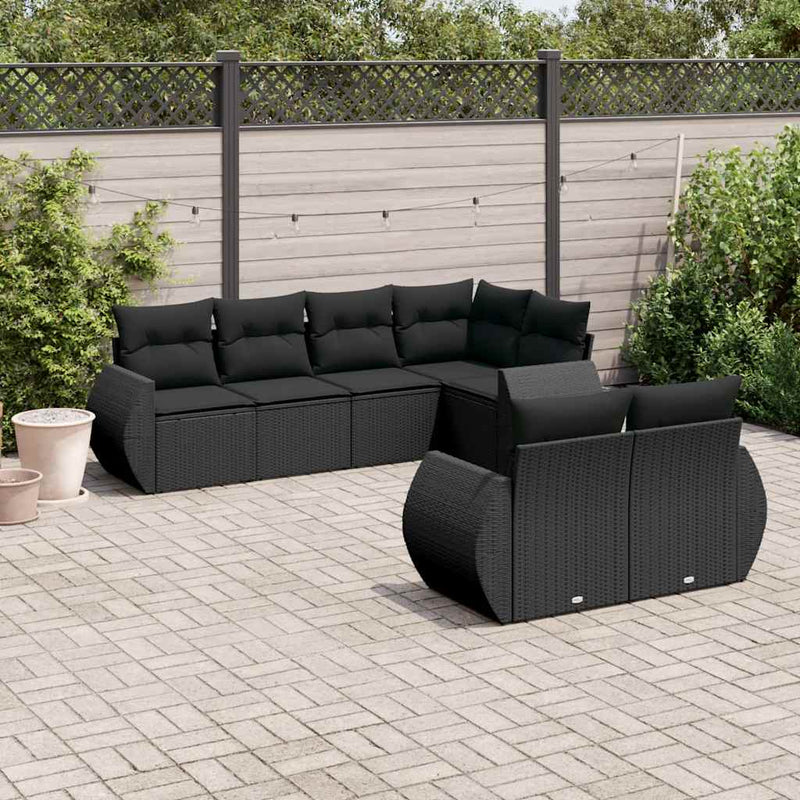 Set canapele de grădină cu perne, 7 piese, negru, poliratan