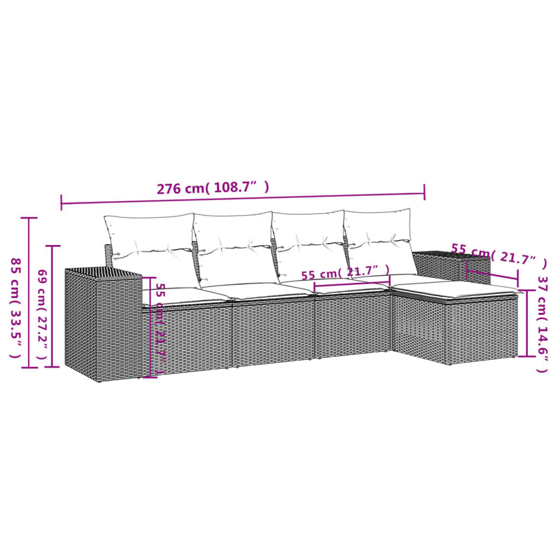 Set mobilier de grădină cu perne, 5 piese, negru, poliratan