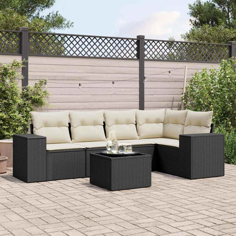 Set mobilier de grădină cu perne, 6 piese, negru, poliratan
