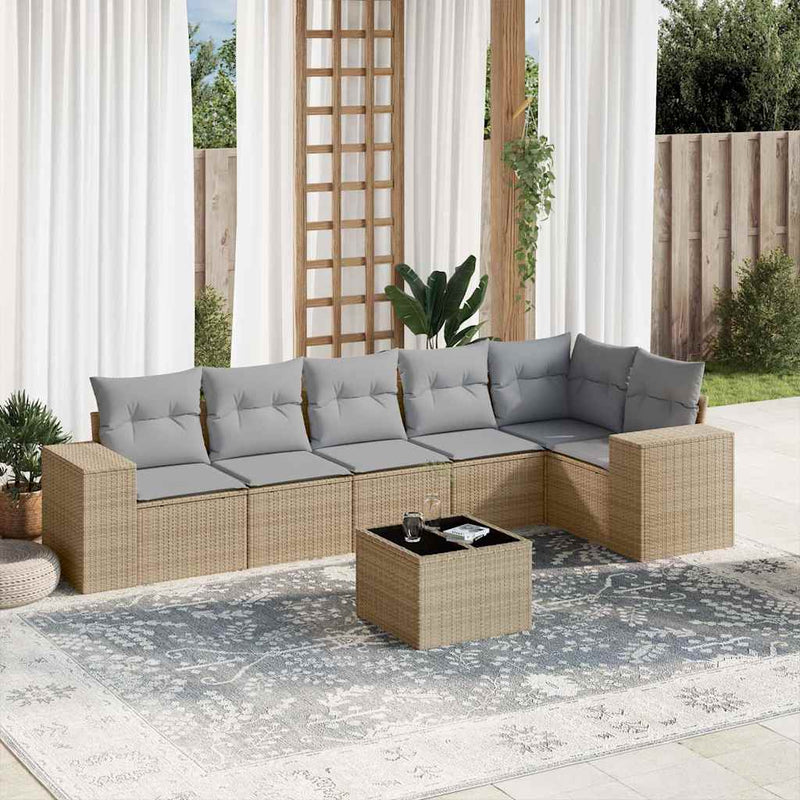 Set canapele de grădină, 7 piese, cu perne, bej, poliratan