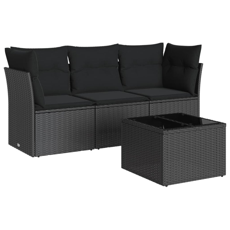 Set mobilier de grădină cu perne, 4 piese, negru, poliratan