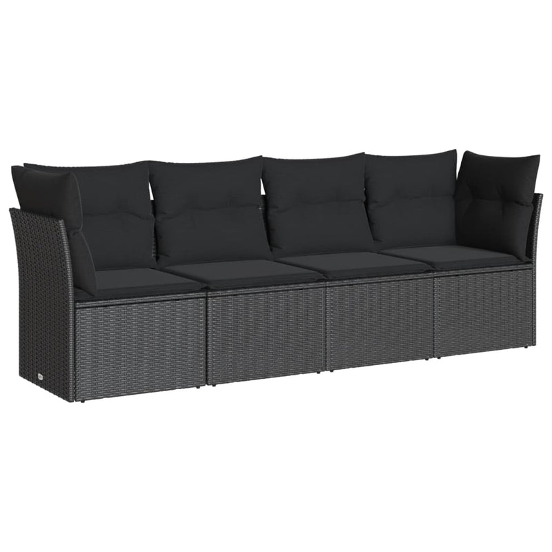 Set mobilier de grădină cu perne, 4 piese, negru, poliratan