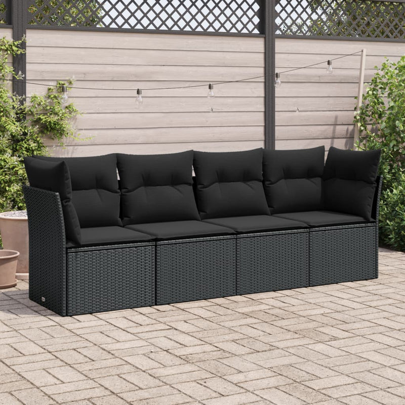 Set mobilier de grădină cu perne, 4 piese, negru, poliratan