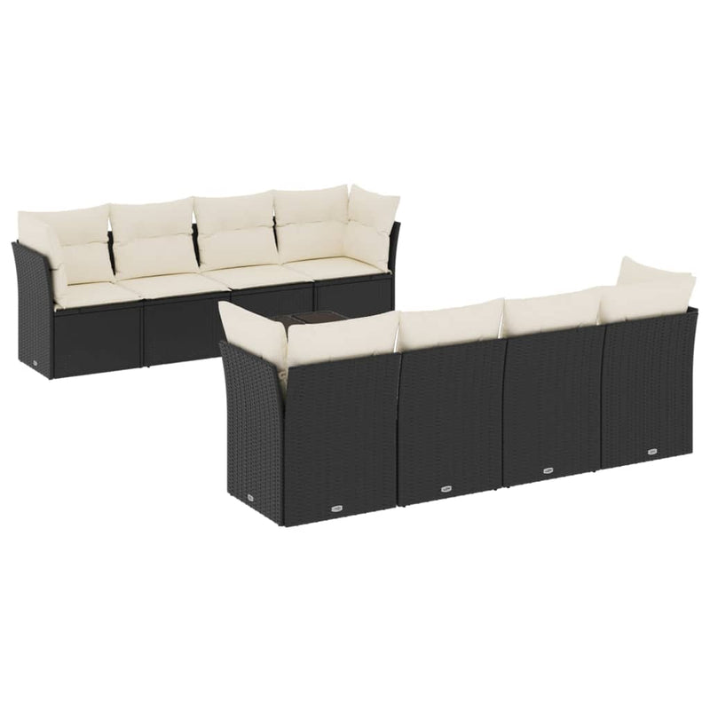 Set mobilier de grădină cu perne, 9 piese, negru, poliratan