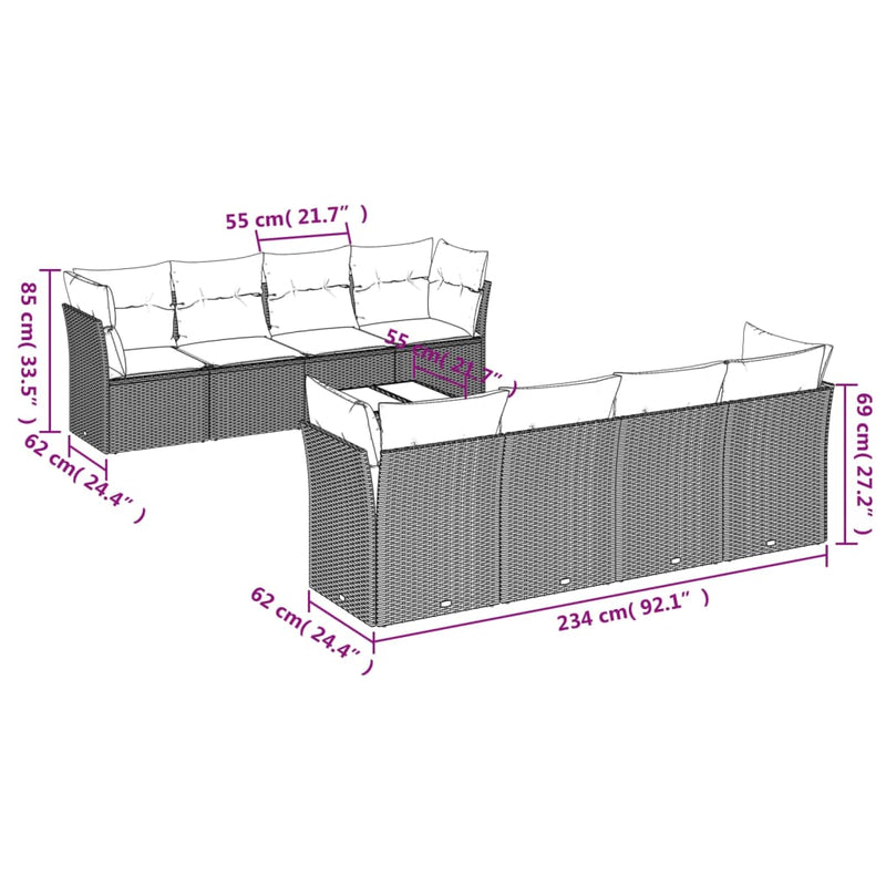 Set mobilier de grădină cu perne, 9 piese, negru, poliratan