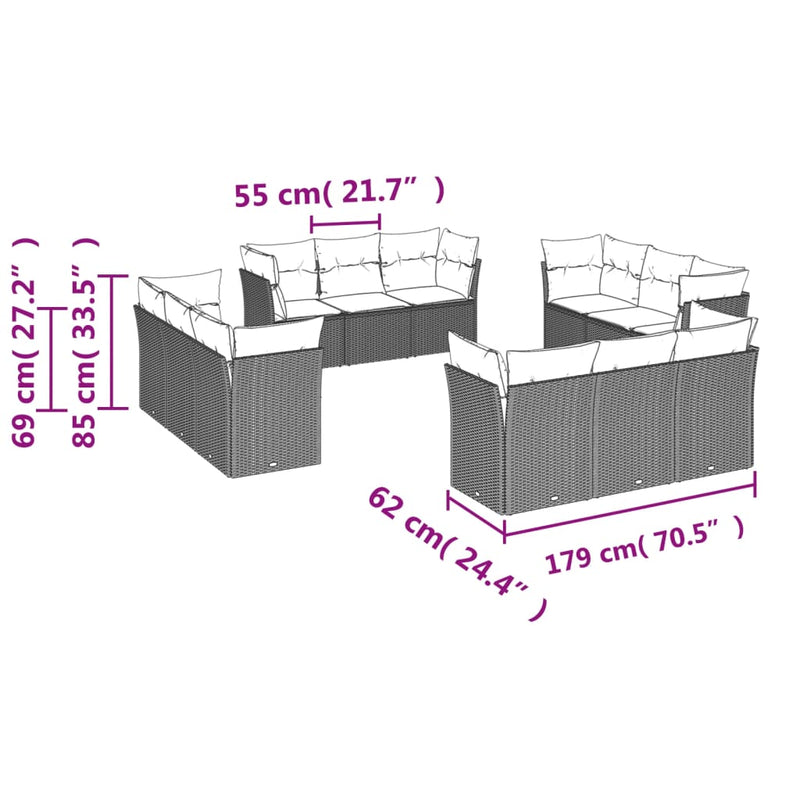 Set canapele de grădină cu perne, 12piese gri deschis poliratan