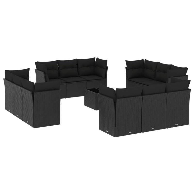 Set mobilier de grădină cu perne, 13 piese, negru, poliratan
