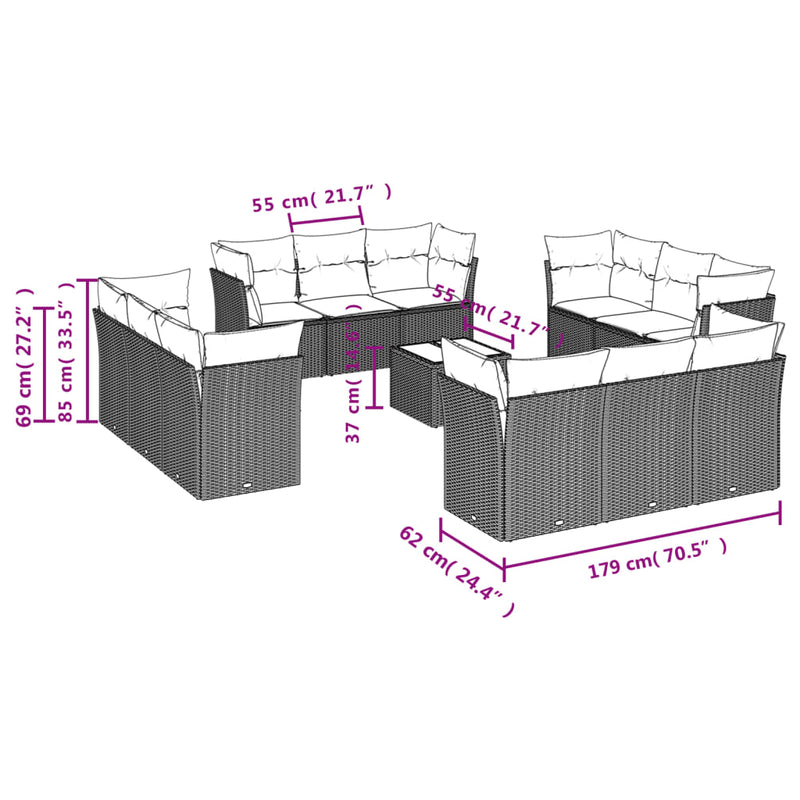 Set mobilier de grădină cu perne, 13 piese, negru, poliratan