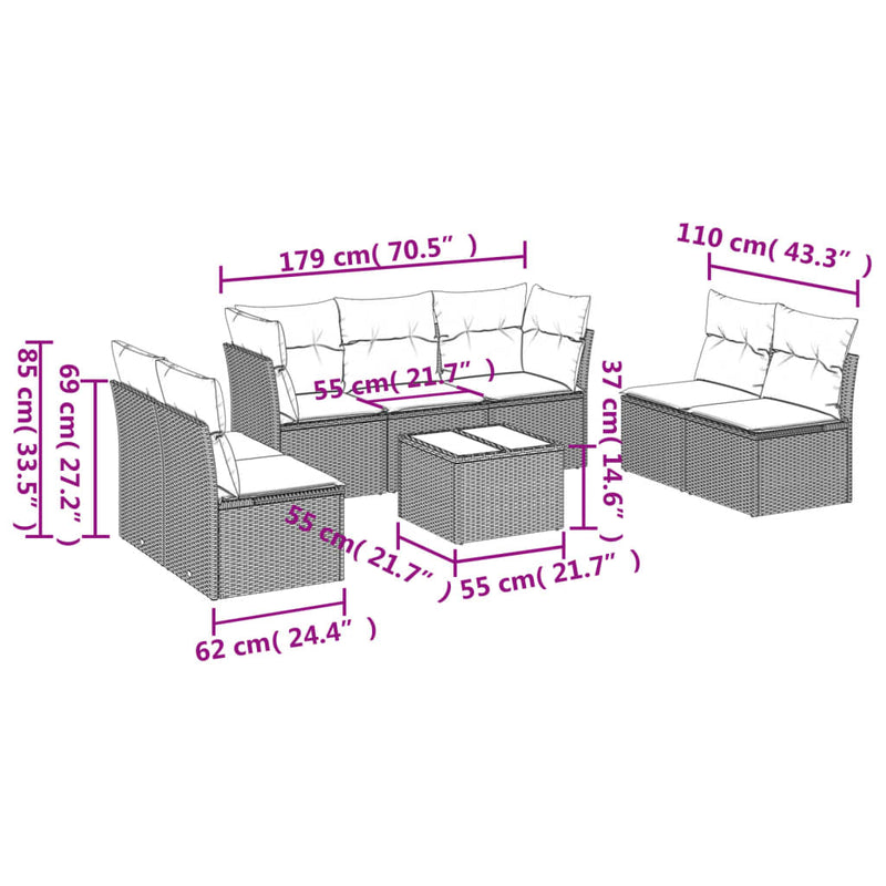 Set mobilier de grădină cu perne, 8 piese, negru, poliratan