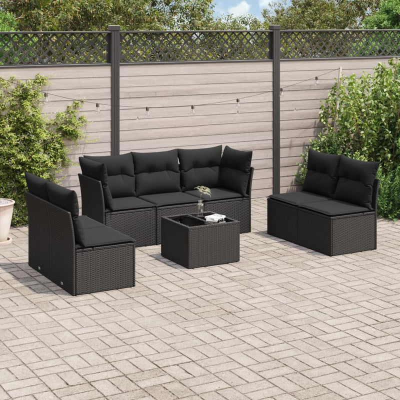 Set mobilier de grădină cu perne, 8 piese, negru, poliratan