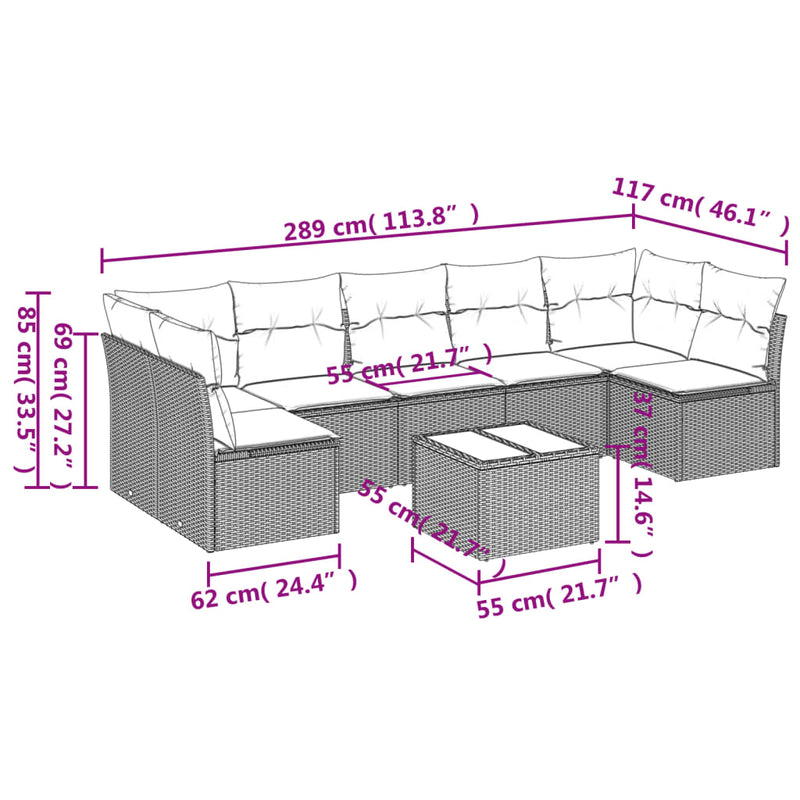 Set mobilier de grădină cu perne, 8 piese, negru, poliratan