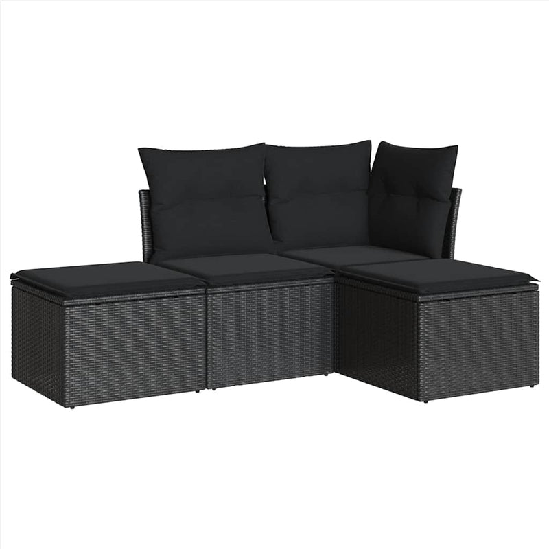 Set mobilier de grădină cu perne, 4 piese, negru, poliratan