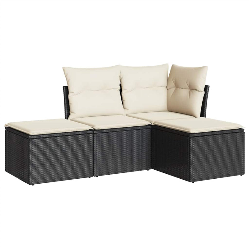 Set mobilier de grădină cu perne, 4 piese, negru, poliratan