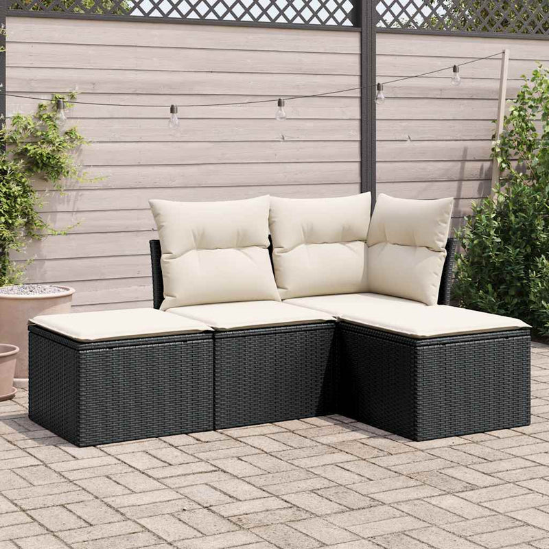Set mobilier de grădină cu perne, 4 piese, negru, poliratan