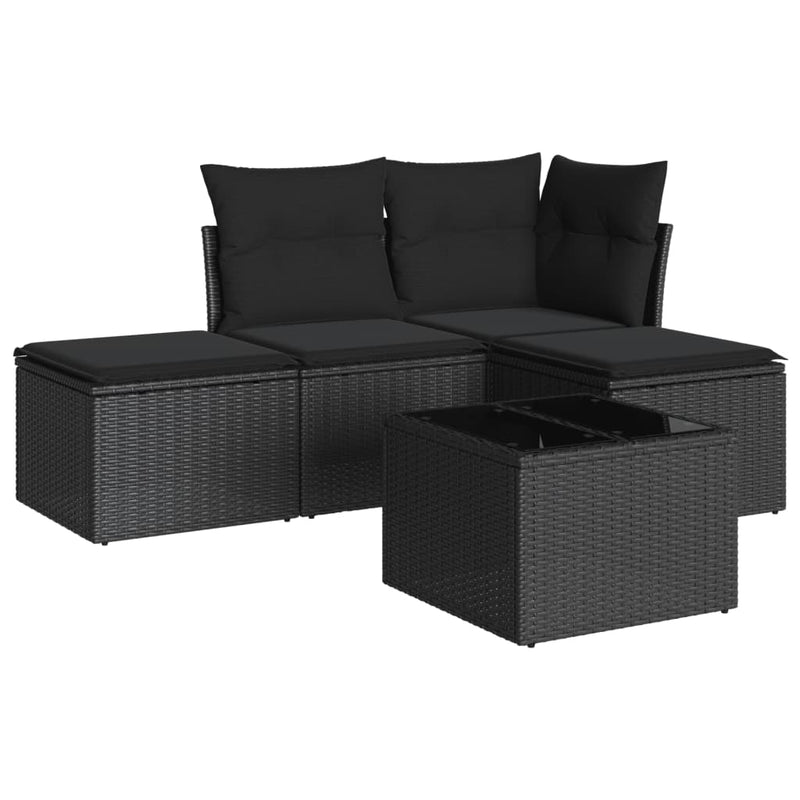 Set mobilier de grădină cu perne, 5 piese, negru, poliratan