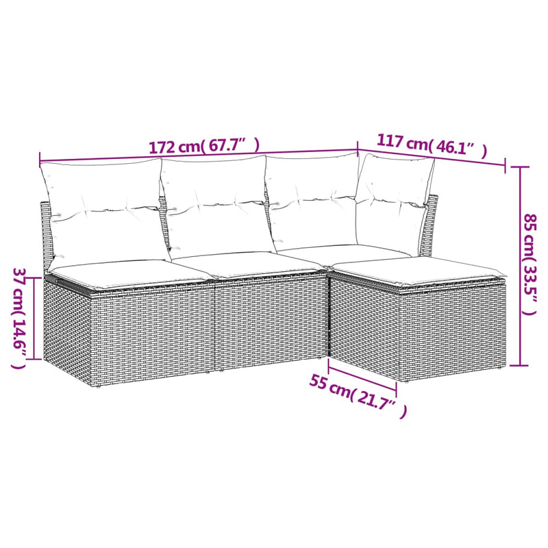 Set canapele de grădină, 4 piese, cu perne, maro poliratan maro