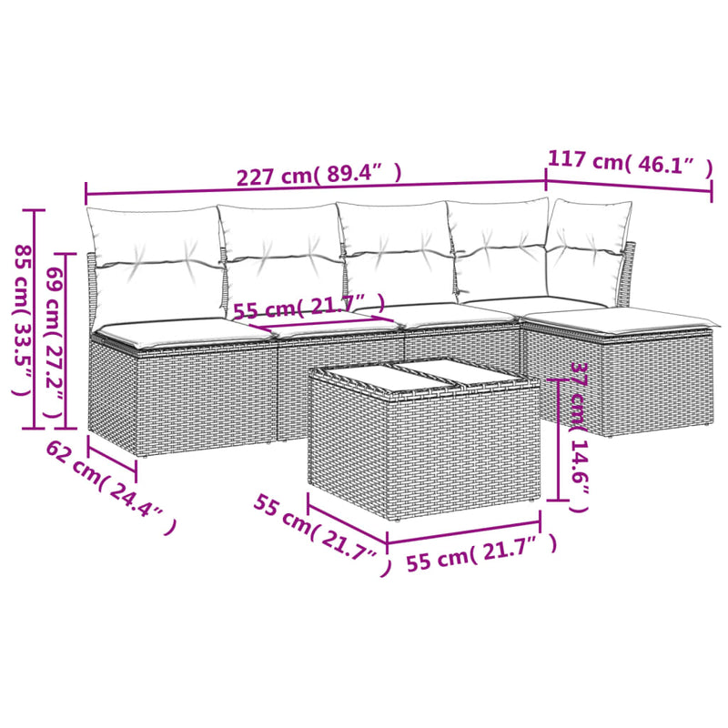 Set mobilier grădină cu perne, 6 piese, gri, poliratan