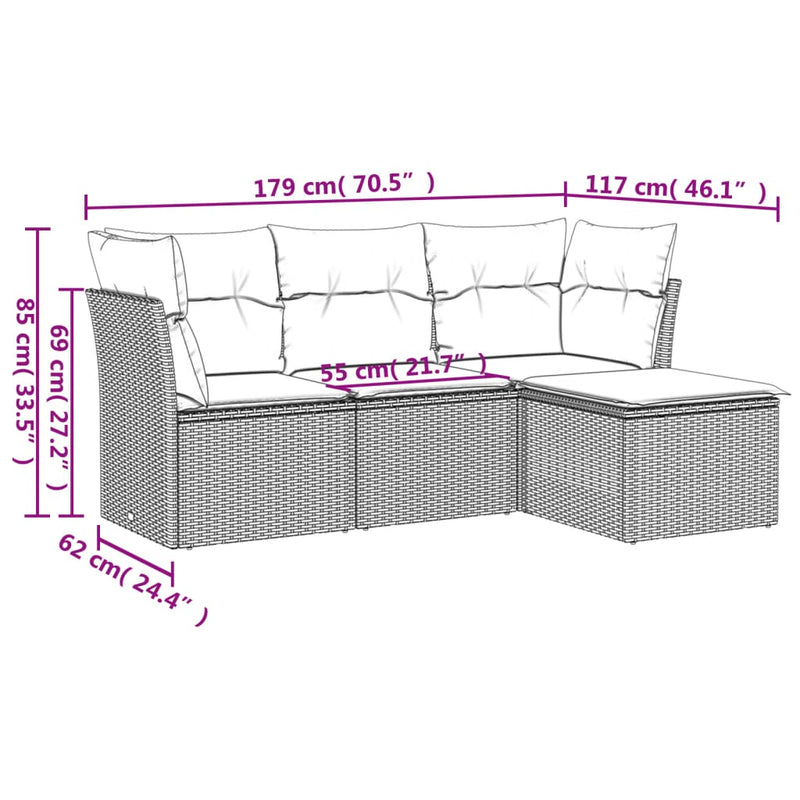 Set mobilier de grădină cu perne, 4 piese, negru, poliratan