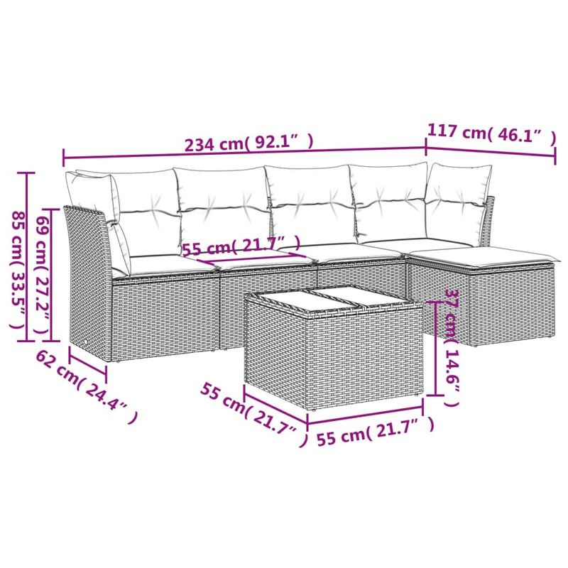 Set mobilier de grădină cu perne, 6 piese, negru, poliratan