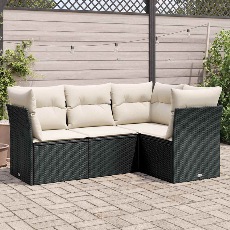 Set mobilier de grădină cu perne, 4 piese, negru, poliratan
