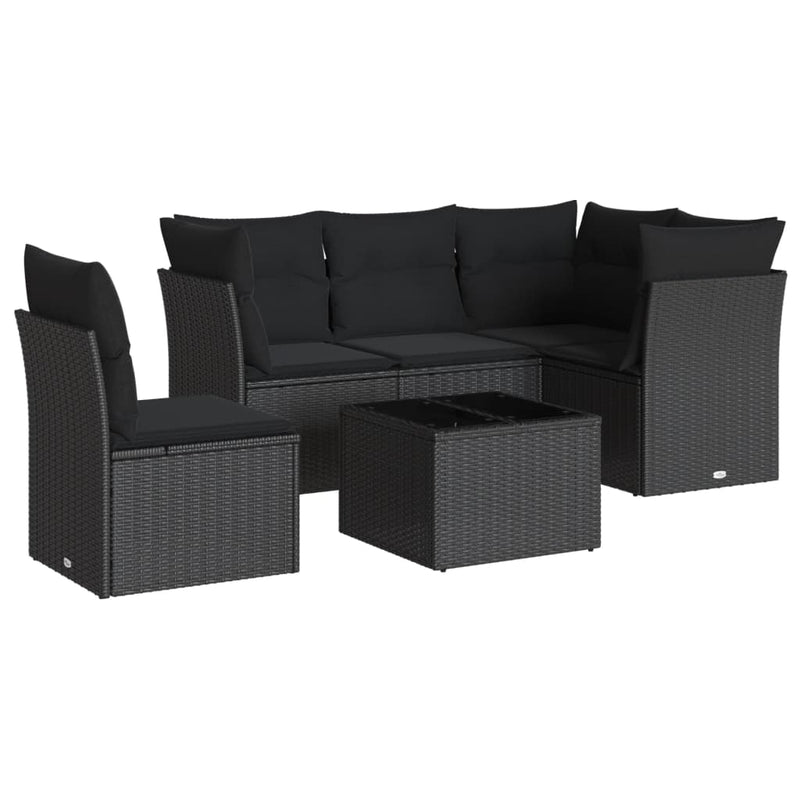 Set mobilier de grădină cu perne, 6 piese, negru, poliratan