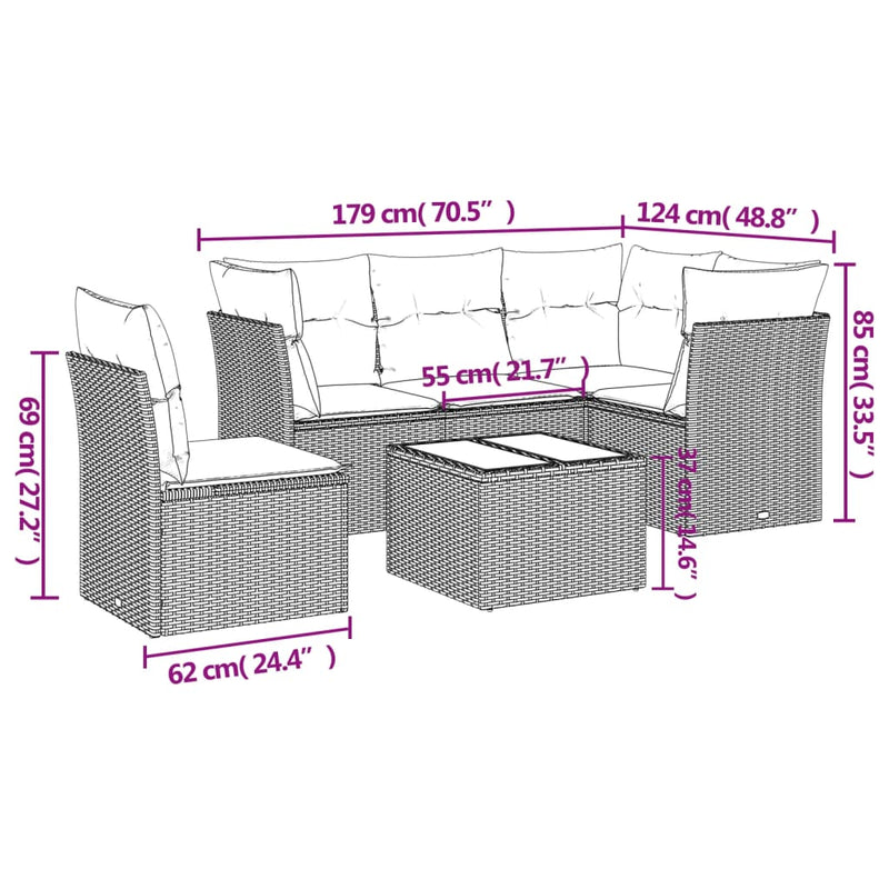 Set mobilier de grădină cu perne, 6 piese, negru, poliratan