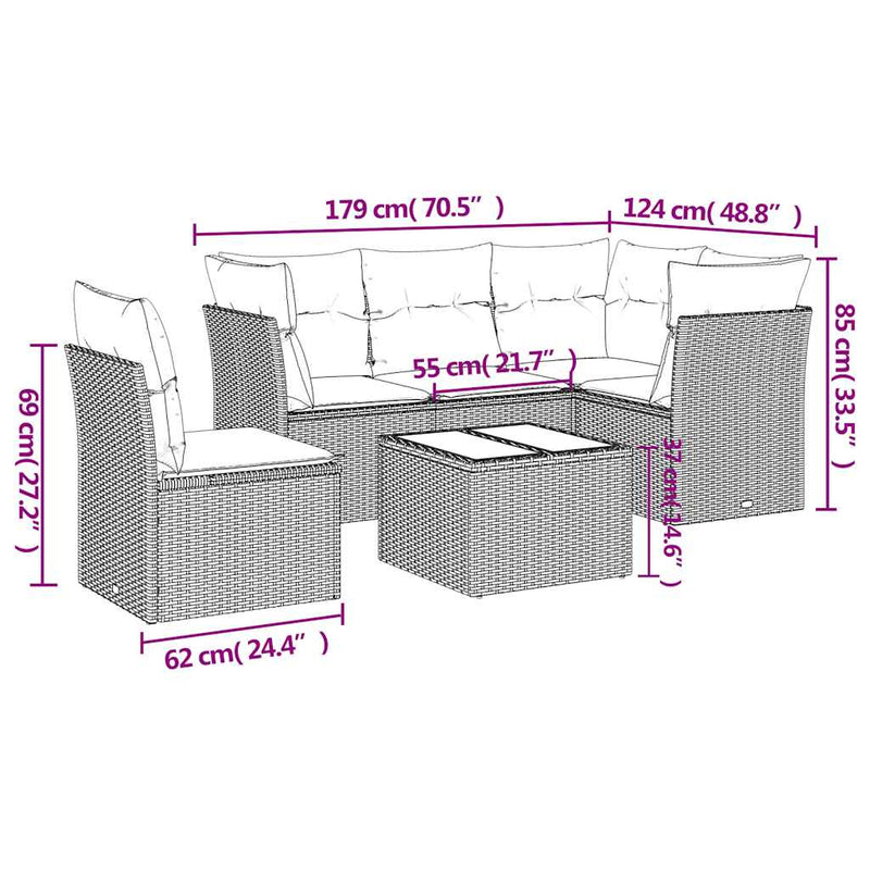 Set canapele de grădină cu perne, 6 piese, maro, poliratan