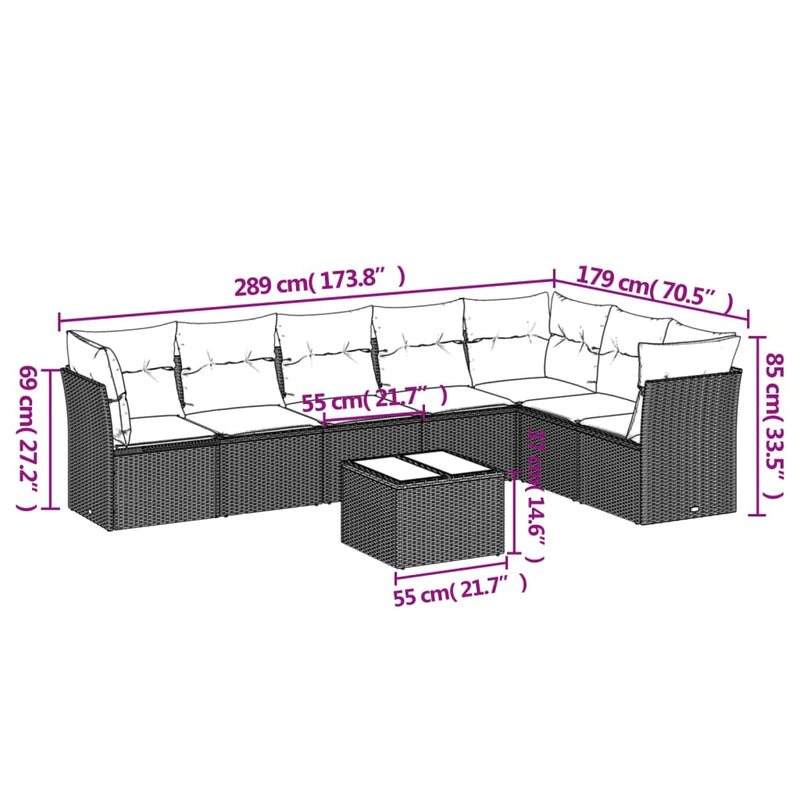 Set mobilier de grădină cu perne, 8 piese, negru, poliratan