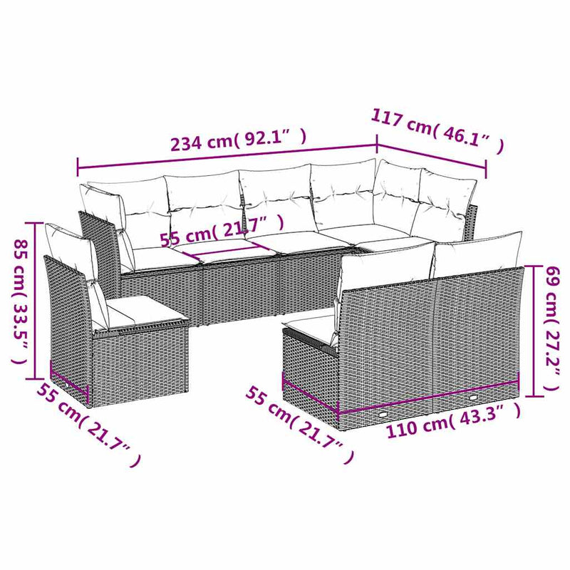 Set mobilier de grădină cu perne, 8 piese, negru, poliratan