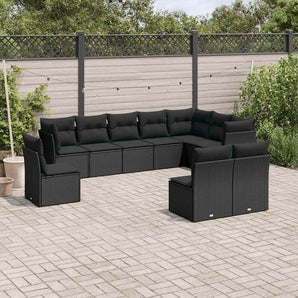 Set canapele de grădină cu perne, 10 piese, negru, poliratan