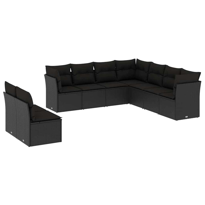 Set mobilier de grădină cu perne, 9 piese, negru, poliratan