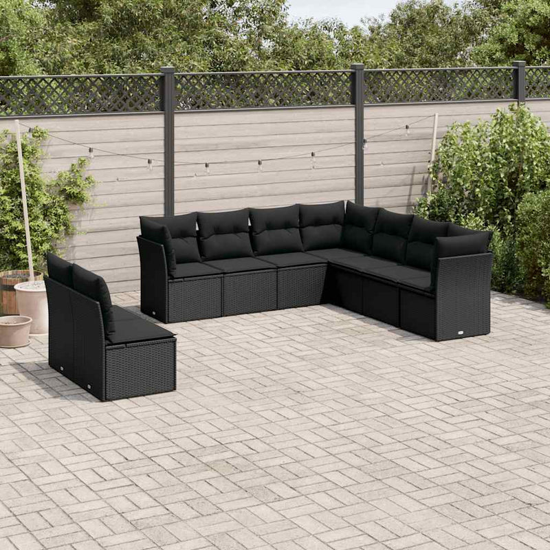 Set mobilier de grădină cu perne, 9 piese, negru, poliratan