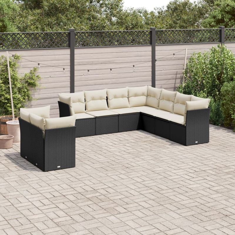 Set mobilier de grădină cu perne, 9 piese, negru, poliratan