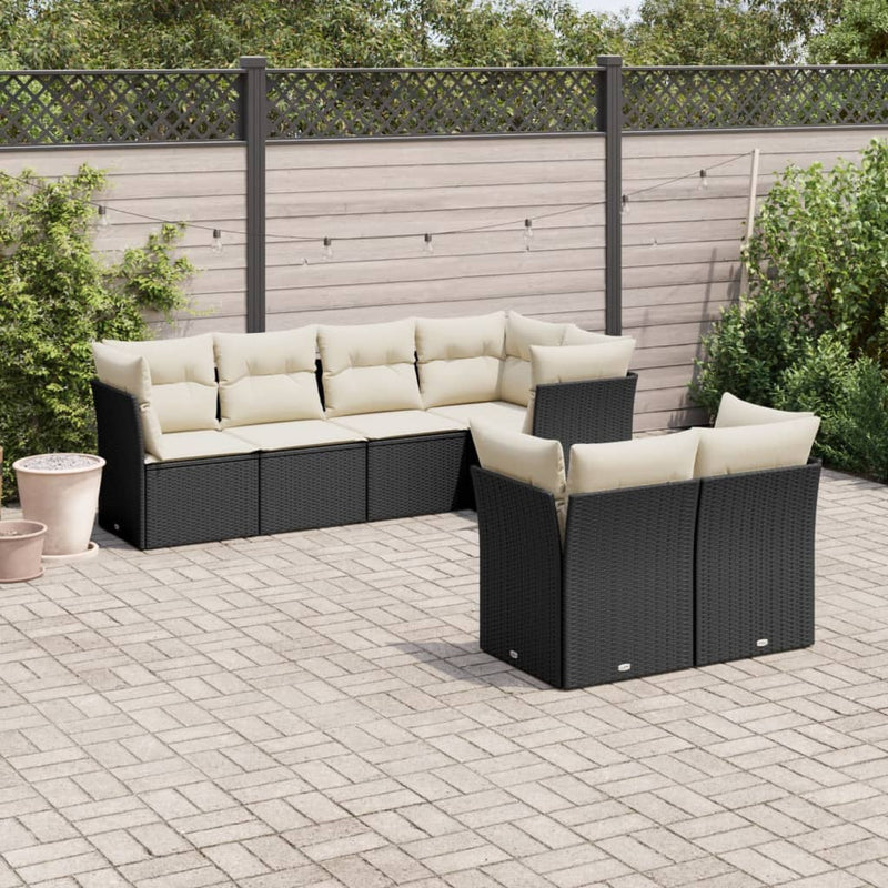 Set canapele de grădină cu perne, 7 piese, negru, poliratan