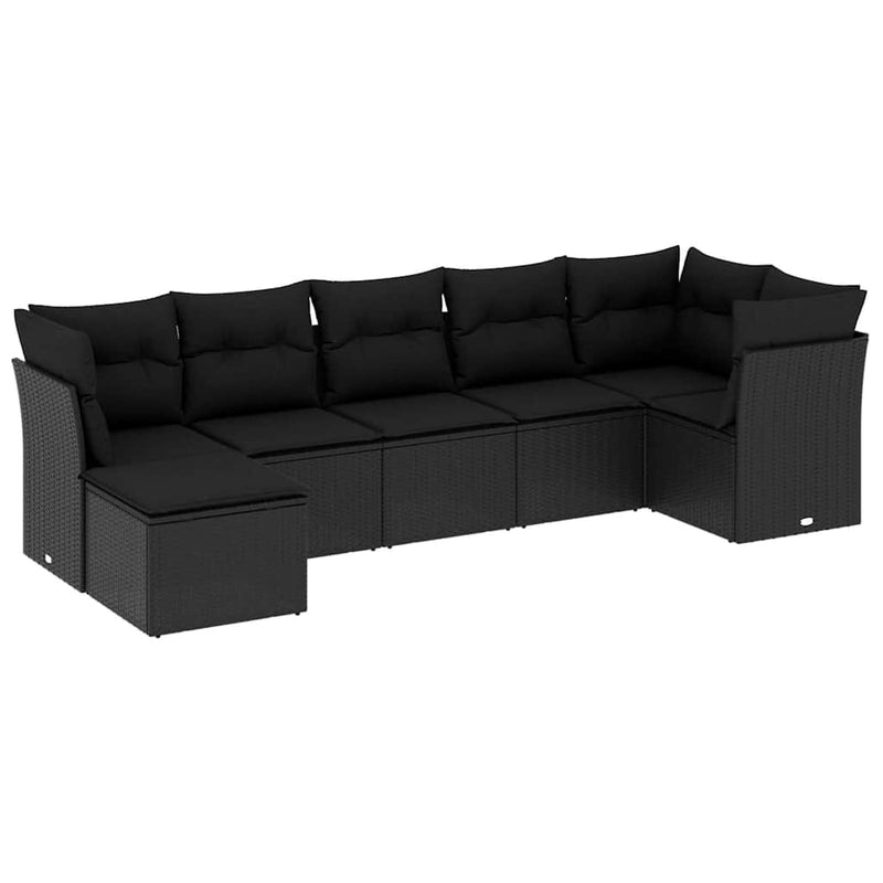 Set canapele de grădină cu perne, 7 piese, negru, poliratan